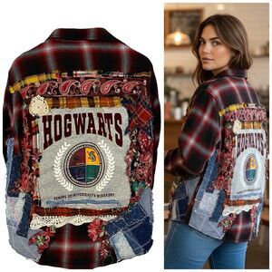 Upcycled Flannel Shirt Womens Large Hogwarts Grunge Camp Rock Shacket Concert